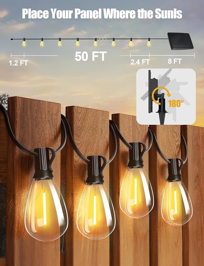 Likesky 50FT Solar String Lights Outdoor with Remote,18+1LED Shatterproof Bulbs & USB Port, Waterproof 3 Modes Dimmable Solar Lights for Backyard, Patio, Camping