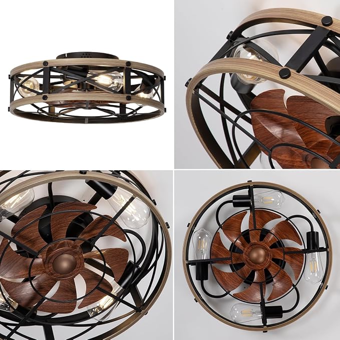 SHLUCE 19" Farmhouse Caged Flush Mount Ceiling Fan with Light, Rustic Fandelier Bladeless Ceiling Fans with Lights and Remote, Small Low Profile Ceiling Fan with Light for Kitchen, Bedroom - ETL