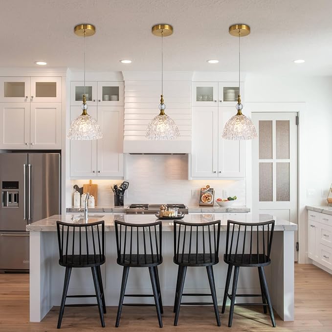 2 Pack Modern Bronze Glass Pendant Light 7.68 in Dome Light Fixture with K9 Crystal Ball Adjustable Height Vintage Brass Hanging Lights for Kitchen Island Bedroom Dining Room Living Room