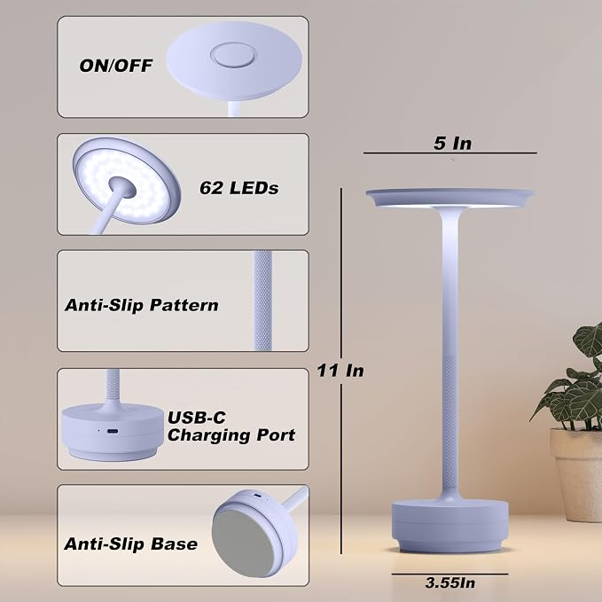 TBBGA 2 Pack Rechargeable Table Lamps Cordless, 5000mAh Outdoor Table Light | 3 Color Stepless Dimming Portable LED Table Lamp with Memory Function, for Home/Dinner/Patio/Restaurant.(Light Purple)