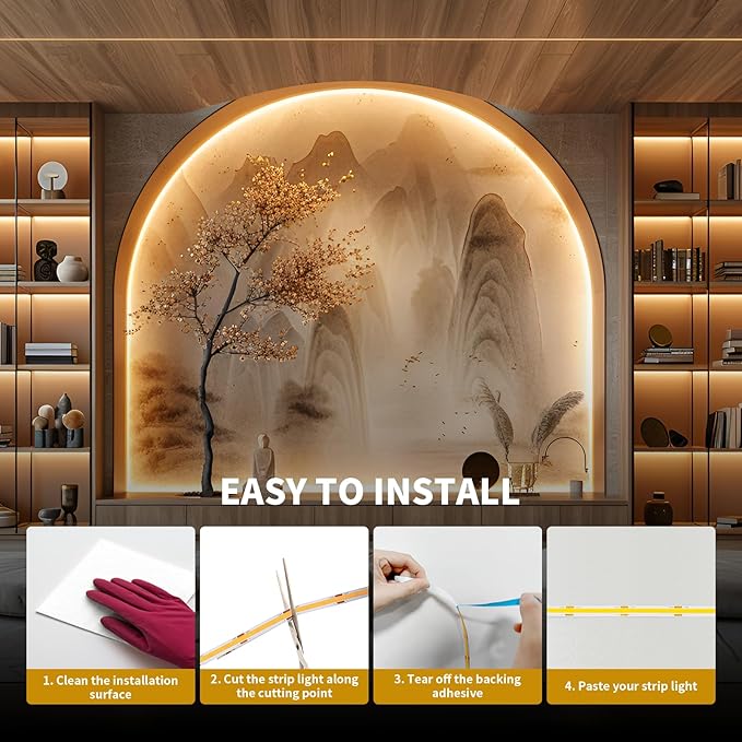 COB LED Strip Light 40ft/12m (1 Roll) Warm White 3000K High Lumen CRI 90+ with UL Listed Power Adapter RF Remote for Bedroom Counter Under Cabinet Kitchen Projects