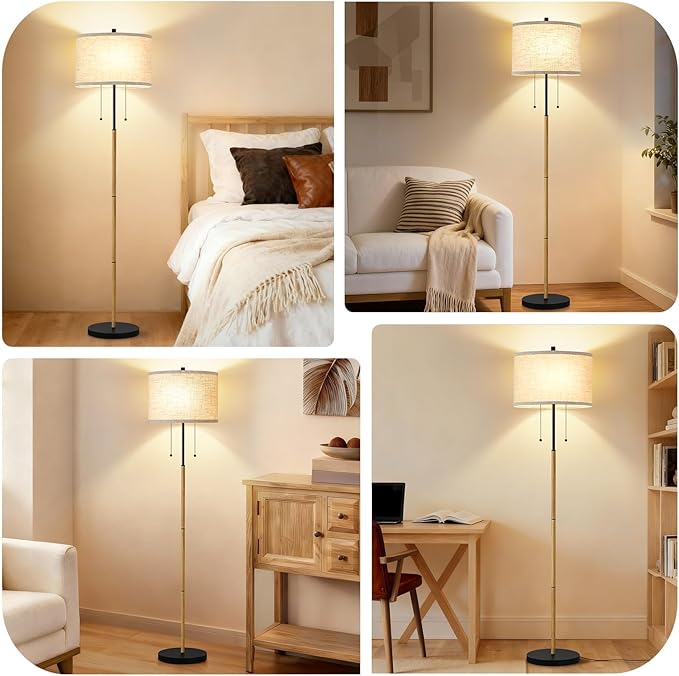 Luvkczc Floor Lamp, 62" Standing Lamp Tall Lamp with Fabric Lampshade&Pull Chain Corner Floor Lamps for Living Room, Bedroom,Office Corner (Wood Grain 2 Bulb Socket)