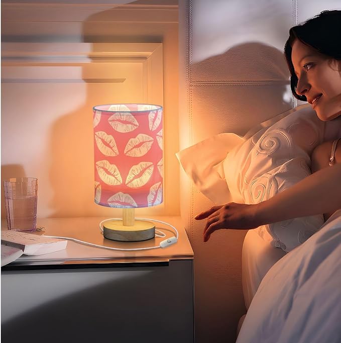 Sexy Lip Preppy Pink Colored Love Kisses Bedside Table Lamps with USB Port for Bedroom Lamp Table Lamp Small Nightstand Lamp Sturdy Linen Shade Wooden Decorative Lamps for Home Dorm Office Living Room