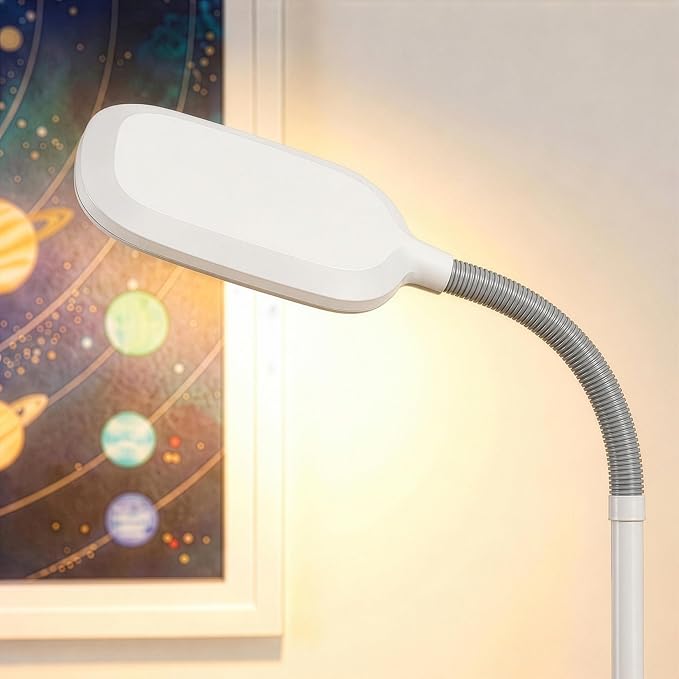 Brightech Litespan - Bright LED Floor Reading Lamp for Over Chair Crafts and Reading, Estheticians' Light for Lash Extensions, Adjustable Standing Lamp for Living Room, Bedroom, Office - White