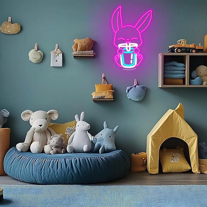 Rabbit Drinking Milk Tea Neon Sign Easter Rabbit Neon Sign for Wall Decor Dimmable Led Pink Bunny Neon Lights USB Power Animal LED Sign for Home Decor for Bedroom Restaurant Easter Gifts