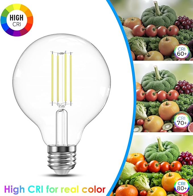 TJOY G25 Globe Light Bulbs, LED Edison Vanity Light Bulbs, Dimmable, 5000K Daylight White, 500 Lumens, 5.5W=60W, CRI80, Clear Vintage Filament Globe, E26 Base, 6 Pack