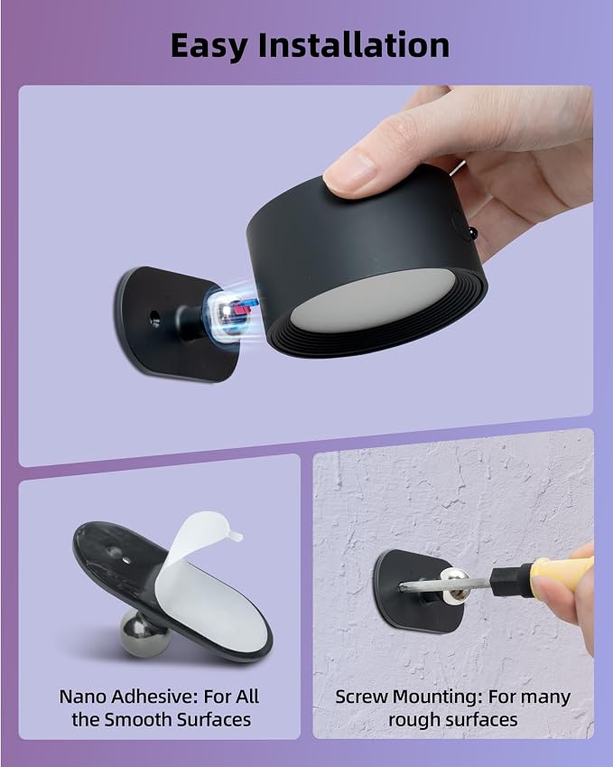 Rechargeable RGB Wall Sconces with Remote, Dimmable 360° Lights | 80 RGB Colors, 3 Color Temperatures, Remote and Touch Control, Ideal for Gaming Rooms and Bedrooms
