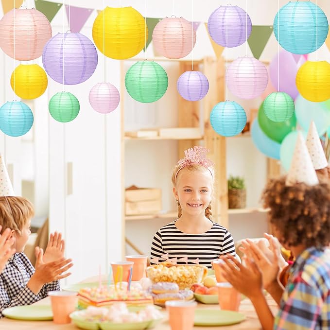 21 Pcs Pastel Neon Hanging Paper Lanterns - Colorful Party Decor in 8 Macaron-Colored Shades - 4 Sizes (4/6/8/10 Inch) for Baby Shower, Classroom, Wedding, Birthday Decorations