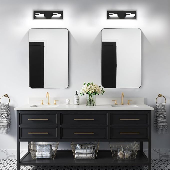 LED Modern Bathroom Vanity Light Fixtures, Dimmable Matte Black Vanity Lights for Bathroom Lighting Fixtures Over Mirror, with 360° Rotatable Acrylic Heads 2-Light 16-inch (Cool White 6000K)