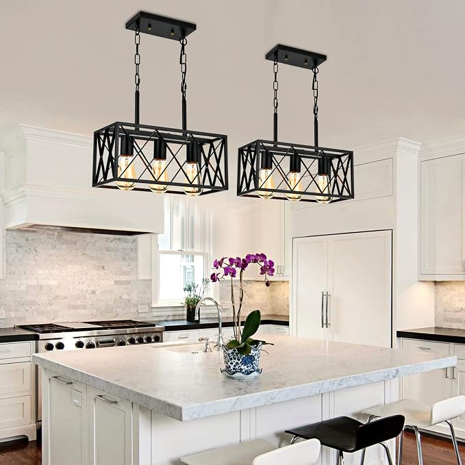 KEESFU Black 3-Light Farmhouse Chandelier, Dining Room Light Fixture | Farmhouse Dining Room Light Fixture with Adjustable Height, Kitchen Island Pendant for Dining Table & Over Sink, Living Room