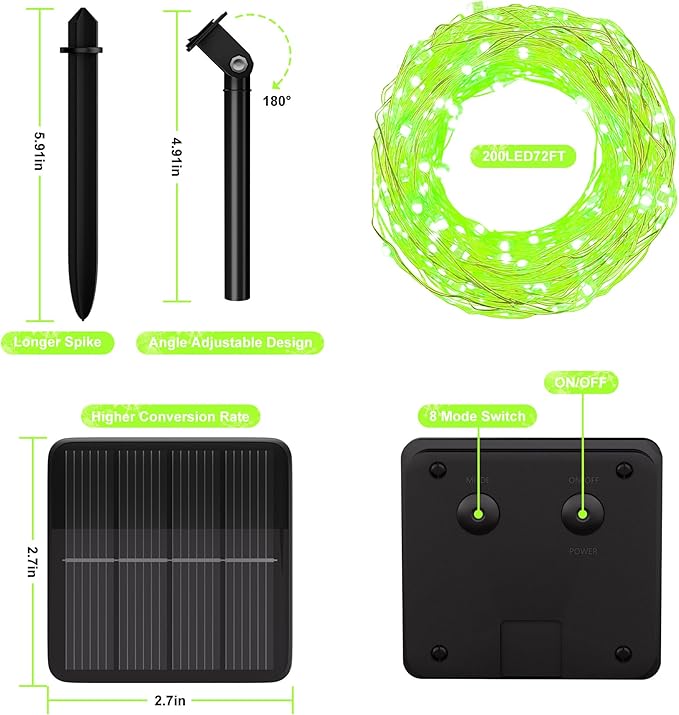 Solar String Lights for Outside, 72Ft 200 LED Solar Fairy Lights with 8 Modes, Solar Powered Fairy Lights Waterproof for Christmas Tree Garden Party Wedding Decor.(Green)