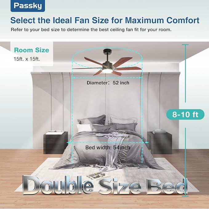 Passky 52 Inch Black Contemporary Ceiling Fans with Lights, Remote Control | 3CCT dimmable light, quiet DC motor, reversible airflow; black contemporary style for bedroom and living room