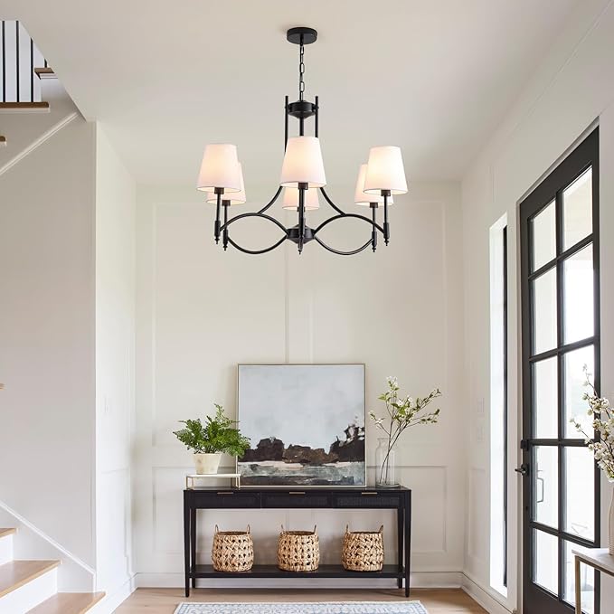 Black Farmhouse Chandelier for Dining Room, 6-Lights with White Fabric Shade Dining Room Light Fixtures,Rustic Industrial Chandelier for Living Room Kitchen Island Foyer