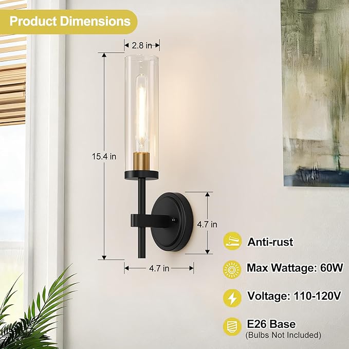 Wall Sconces Set of Two, Black and Gold Bathroom Sconces with Clear Glass, Hardwired Sconces Wall Decor Set of 2, Modern Wall Light Fixtures for Bathroom Mirror Living Room Bedroom Hallway