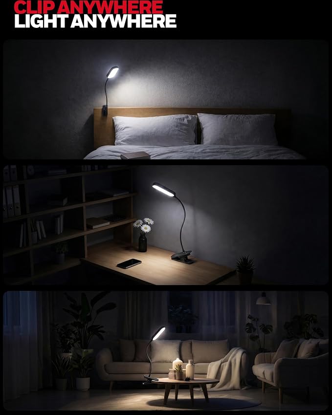 Honeywell Clip On Reading Light, Rechargeable Gooseneck CRI95 4000K Dimming | 2000mAh Battery,Touch Desk Lamp White Light Mode,Eye-Caring Study Lamp With Clamp for Bed/Headboard/Table/Dorm/Home Office