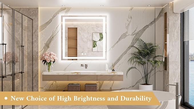 36 x 36 Inch LED Bathroom Mirror with Frontlit and Backlit, Brighter Light up Bathroom Vanity Mirror with Lights, 3-Color Dimmable Illuminated Anti Fog Mirror Wall Mounted, Waterproof
