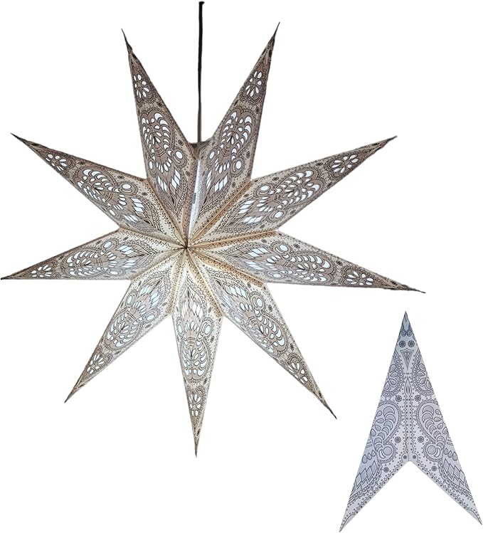 Lantern Lampshade 9 Pointed Paper Star Light Shades Large 60cm Star Hanging Decorations for Christmas Wedding Home Decoration Birthday Party (White Grey)