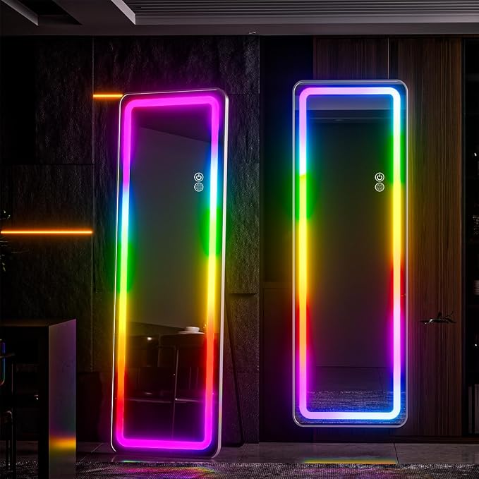 Koonmi Full Length Mirror with LED Lights, 60"x16" Lighted Mirror with Remote Control, RGB Color Changing Lights, 7 Dynamic Modes, Dimmable Brightness