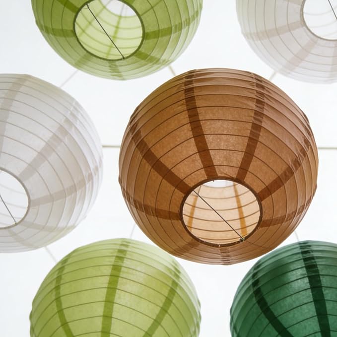 Earth-Tone Paper Lanterns Set (12 Pcs) - 6/8/10 Inch Hanging Lanterns for Jungle/Dinosaur/Rugby Parties, Birthdays & Home Decor(Teal, Coffee, Sage Green, Khaki, White)