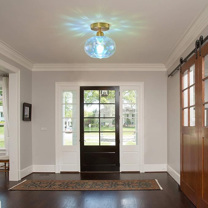 7.9″ Small Semi Flush Mount Ceiling Light ,Rainbow Hallway Light Fixtures | Art Deco Stained Hammered Glass,Whimsical,Vintage Gold Mid Century Lighting for Closet Cottage Entryway Laundry Room Foyer