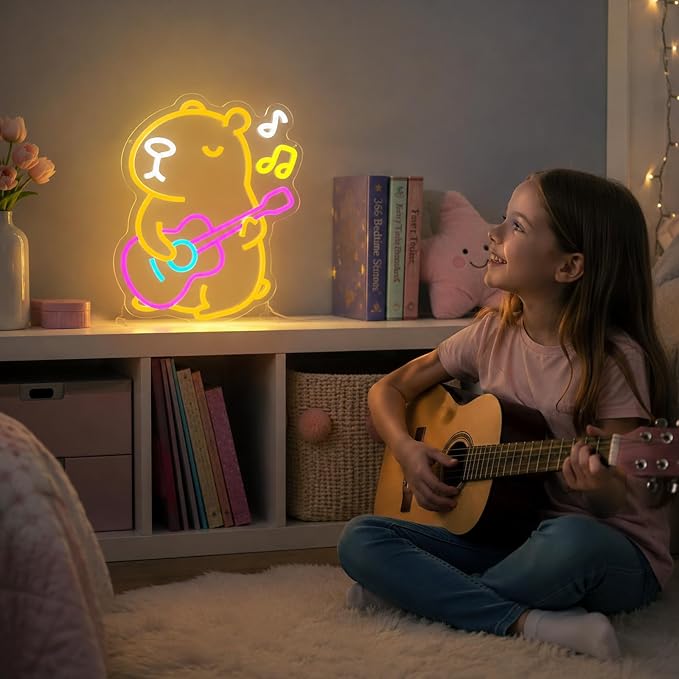 Capybara Neon Sign Animal Neon Light LED Neon Capybara Light for Wall Decor | Dimmable Capybara Neon Light with Guitar Design for Kids Bedroom Party Decor Birthday Gift for Children and Capybara Lovers