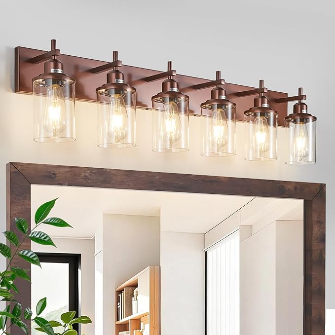 6-Light Bronze Bathroom Light Fixtures Over Mirror,Modern Bathroom Vanity Light with Clear Glass Shade, Wall Sconce for Bathroom Hallway Cabinet Bedroom Kitchen Living Room Foyer E26 Base