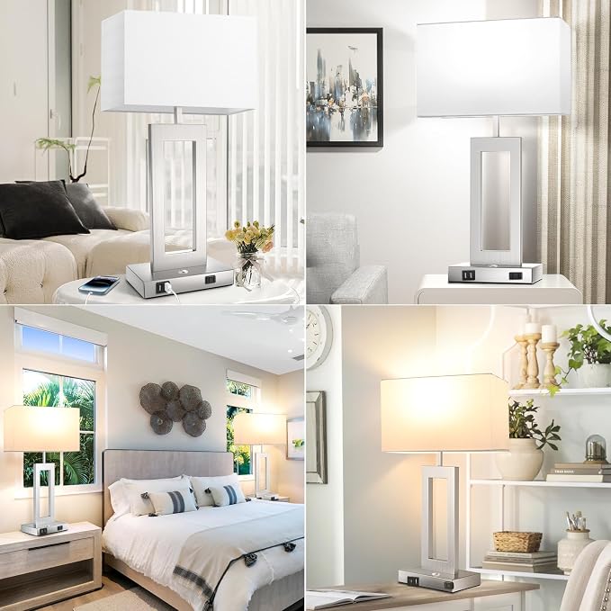 Table Lamps for Bedrooms Set of 2, 27.2ββ Tall Modern Silver Lamps for Living Room Nightstand, Touch Control Bedside Lamps with 2 USB Ports&AC Outlet, Stepless Dimming, 3 Color Temp. Bulbs Covered