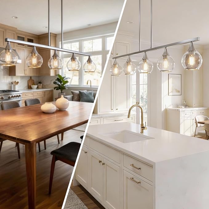 Kitchen Island Linear Pendant Light, 5-Light Brushed Nickeld Dining Room Chandelier with Clear Glass Globe Shades, Modern Linear Lighting Fixture Over Table