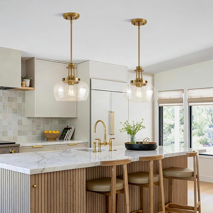 Modern Pendant Lights Kitchen Island, Brushed Gold Pendant Light Fixtures with 10" Clear Air Bubble Glass Shade, Industrial Hanging Pendant Lights Fixture for Kitchen Island Dining Room Entryway
