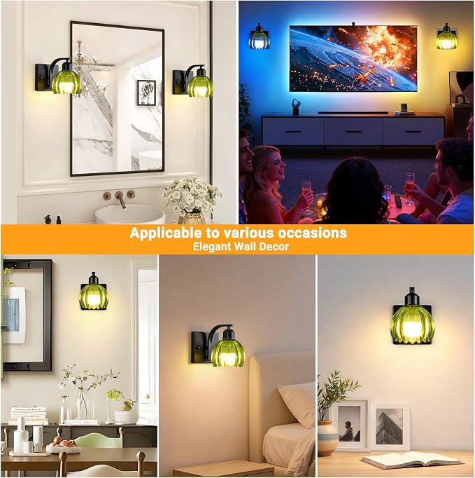 Battery Operated Wall Sconce Set of Two, Black Bedside Wall Mounted Lamps with Green Tulip Glass Shade, Vintage Dimmable Bathroom Sconces Wall Lighting for Mirror Bedroom Living Room