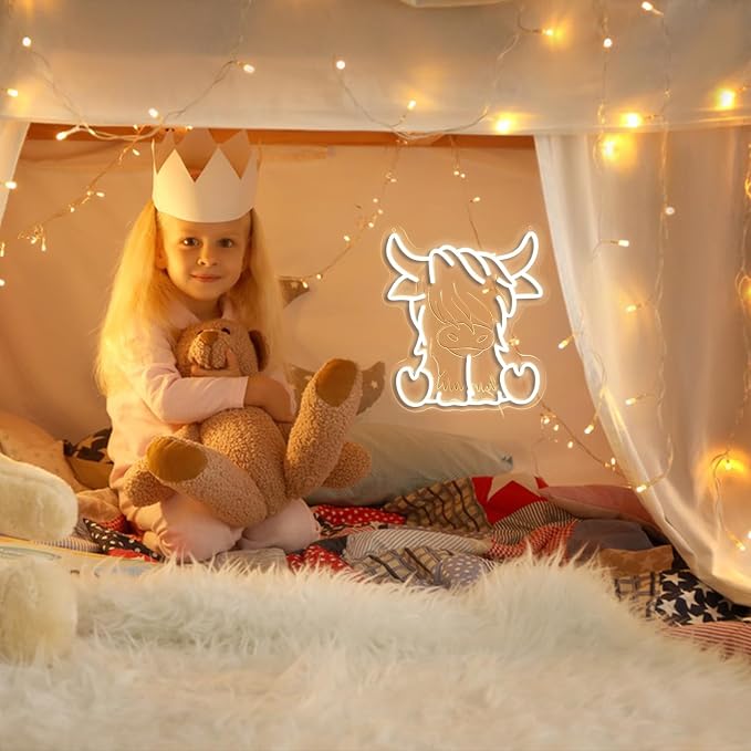 Highland Cow Neon Sign | Dimmable, 11.4 x 12.6 inch, USB Powered, Wall Art Decor, For Room Office Bar Garage,Warm White