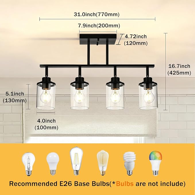 Yaohong 4-Light Black Farmhouse Track Lighting Fixtures Ceiling, Bathroom Track Lighting Kit Wall Light with Ajustable Heads, Kitchen Track Lighting Fixtures with Glass Shade for Hallway Shop