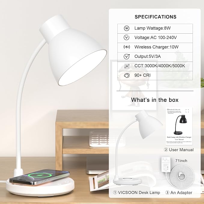 LED Desk Lamp for Home Office with Wireless Charger, White | 3 Color Modes Dimmable Eye-Caring Study Reading Dorm Desk Lamp, 360° Flexible Arm Table Lamp for College Dorm Room, 800 Lumen