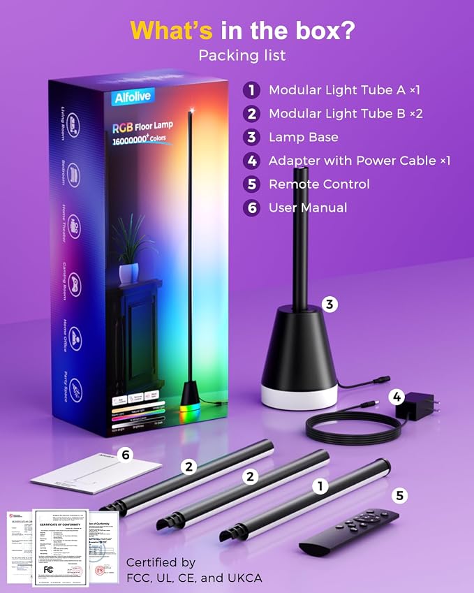 RGBIWC Corner Floor Lamp, Smart Ambient LED Light, Black | 16 Million Colors, Music Sync, Dynamic Lighting, 1800LM Brightness, APP/Remote Control, for Bedroom Living Room Gaming Room