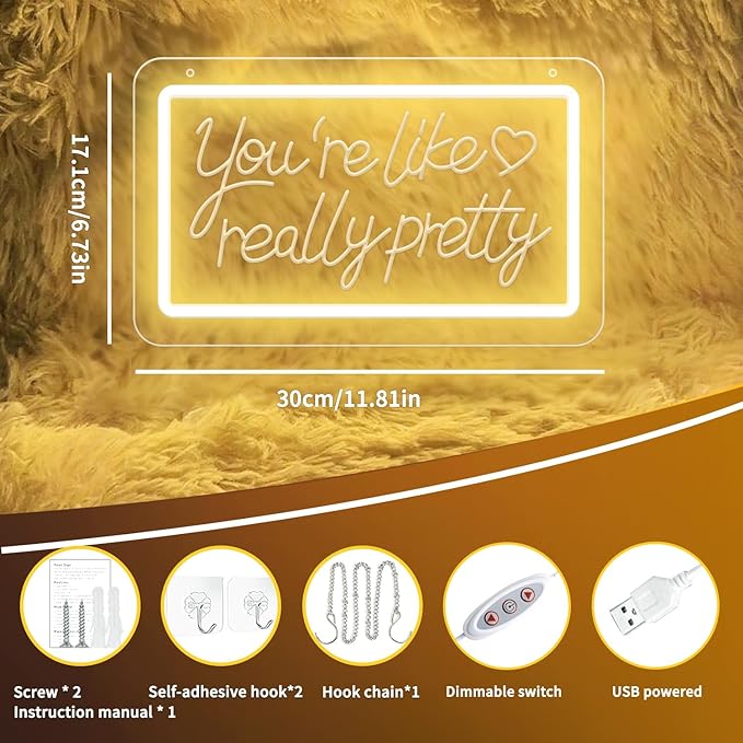 You’re Like Really Pretty Neon Sign – Warm White LED Neon Light Wall Decor, 3D Art Carving, Dimmable USB Powered Night Light for Bedroom, Aesthetic Wall Decor, Christmas & Birthday Gift