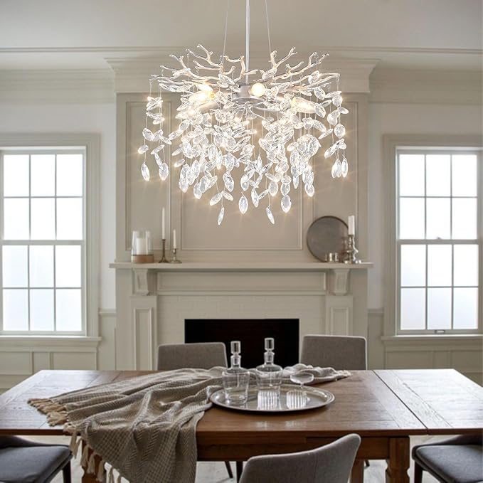 EGM 18-Inch Silver Crystal Chandeliers for Dining Room, Modern Crystal Chandelier for Bedroom, 6-Light Silver Tree Branch Chandelier for Living Room, Raindrop Leaf Chandeliers for Home Décor, E12
