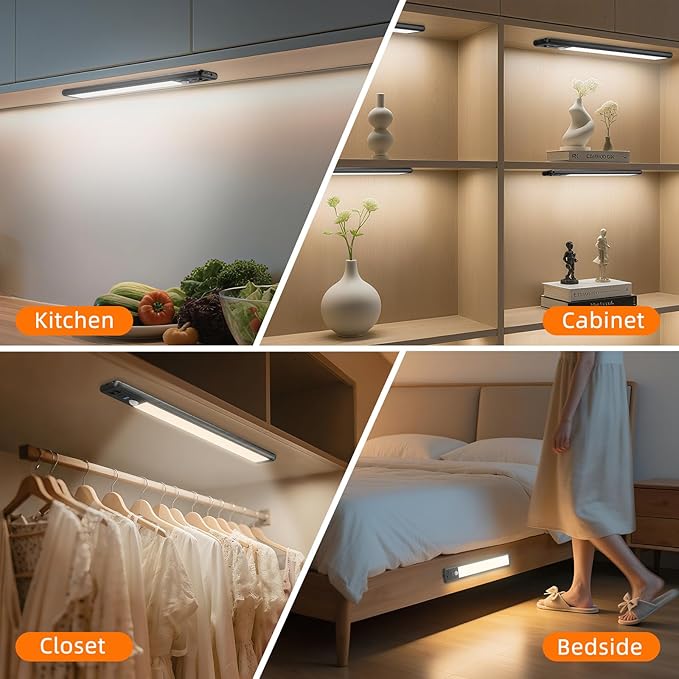 Under Cabinet Lighting Wireless, 15inch Motion Sensor Light, 3Pack-Black | Rechargeable, 3 Color Temps, Dimmable, Power Display, LED Closet Light Magnetic, Under Counter Lights for Kitchen Shelf Home