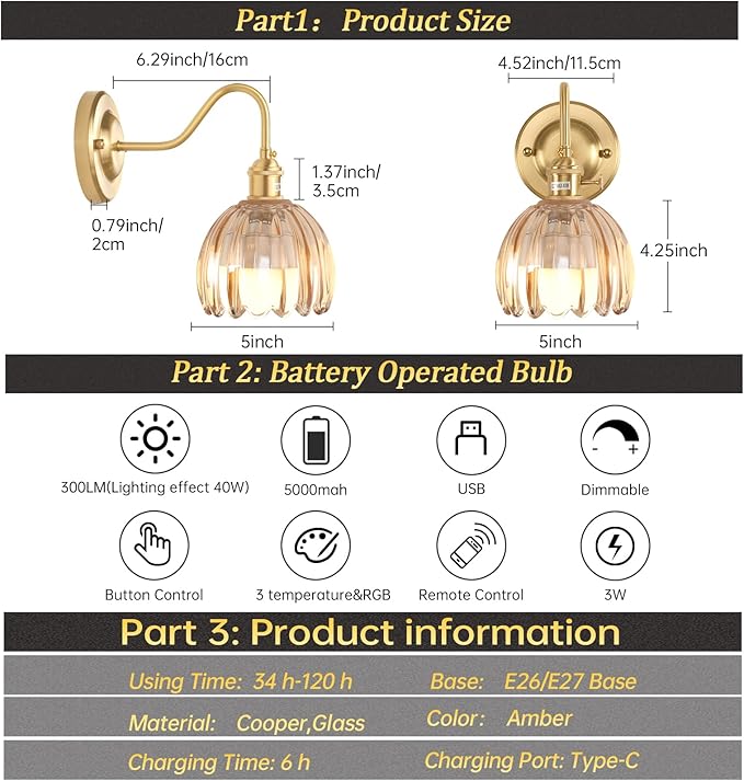 Vintage Battery Operated Wall Sconce Set of 2, 5000mAh Rechargeable Wall Light, Indoor Battery Powered Wall Lamp for Bedside Bedroom Living Room, Tulip Amber