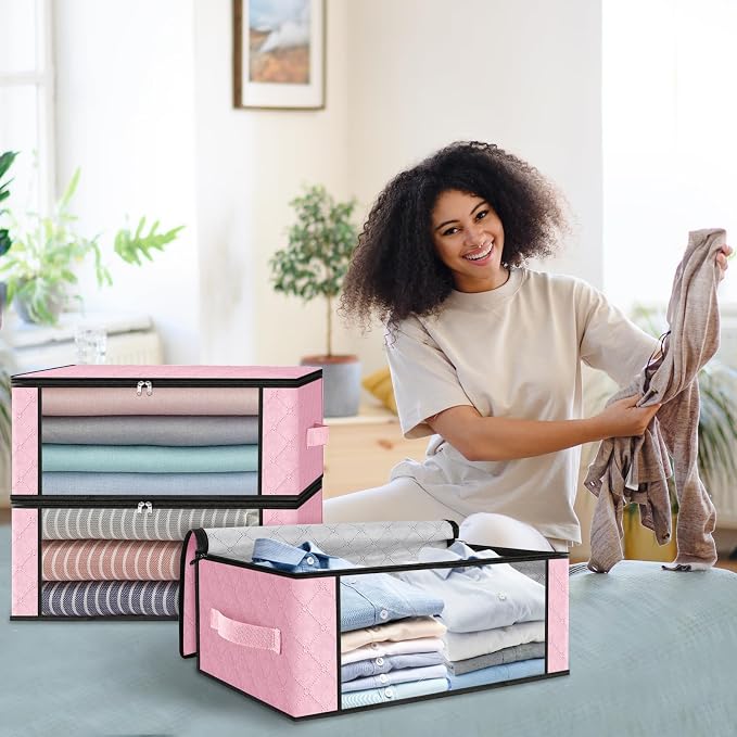 HomeHacks 4-Pack Clothes Organizer Storage Bags, 35L Storage Bins, Pink | Foldable Storage Box Container with Zippers, Clear Window, Reinforced Handles for Closet, Dorm, Pillows, Bedding, Sweater