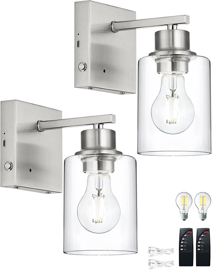 Rayogale Wireless Battery Operated Wall Sconce Set of 2 with Remote Control | Nickel Dimmable Rechargeable Wall Lights with Timer, Easy Install Glass Lamp for Living Room Bedroom, Emergency 3000K