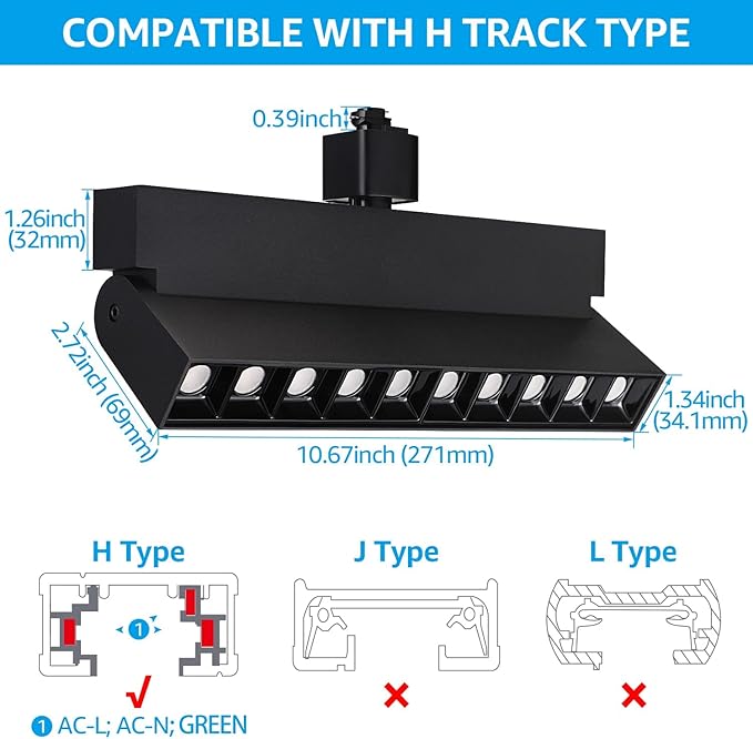 LEONLITE 24W Dimmable LED Track Lighting Heads, for H Type Track Rails, 100-277V, ETL Listed, CRI90, 1300LM, Flicker Free Ceiling Track Light Fixtures for Art, 4000K Cool White, Black, Pack of 2