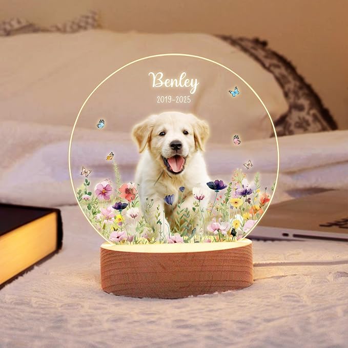 Personalized Dog Memorial LED Night Light with Wooden Base, Custom Photo and Name Pet Memorial Gift for Loss of Pet