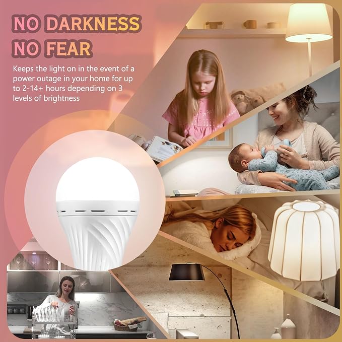 Rechargeable Emergency Light Bulbs, Battery Powered Light Bulb | 6000K Daylight E26 12W 60W Equivalent with 1500mAh for Home Power Outage Camping Hiking(4 Bulbs, 4 Hooks,2 Plug Caps)