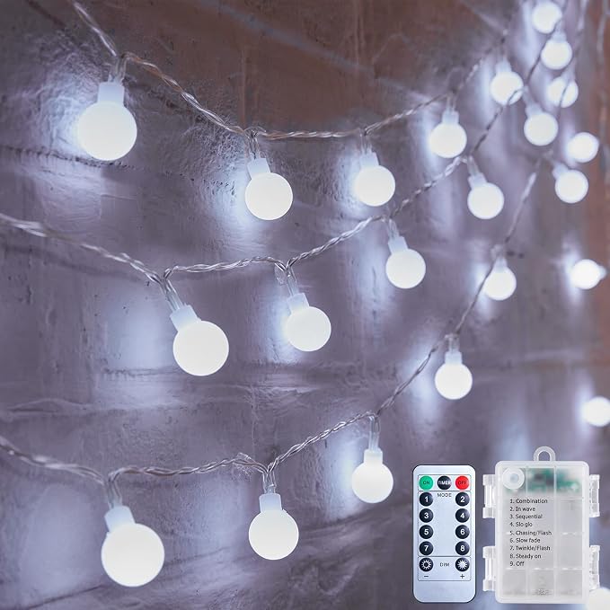 Globe String Lights Battery Operated - 21 Feet 60 Led Twinkle Fairy Lights, 8 Modes with Remote Mini Globe Lights for Indoor Outdoor Bedroom Party Wedding Garden Christmas Tree Decor, Pure White