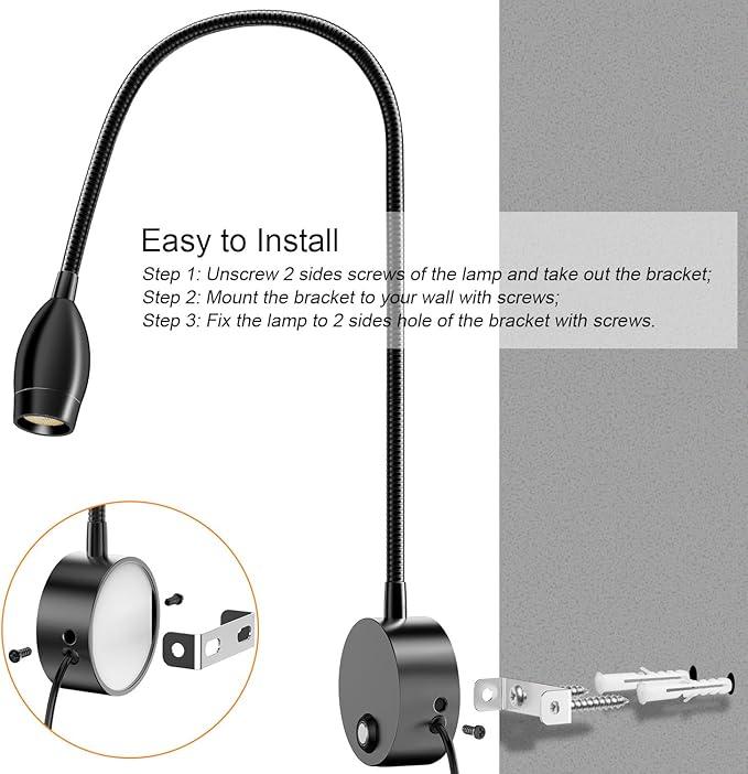 ERAY 1 Pack Plug-in LED Wall Mounted Bedside Reading Light for Bed | Touch Control, 3 Dimmable, 360°Flexible Gooseneck Headboard Book Reading Night Lamp Wall Sconce,Eye-Caring, 3000k-6000k