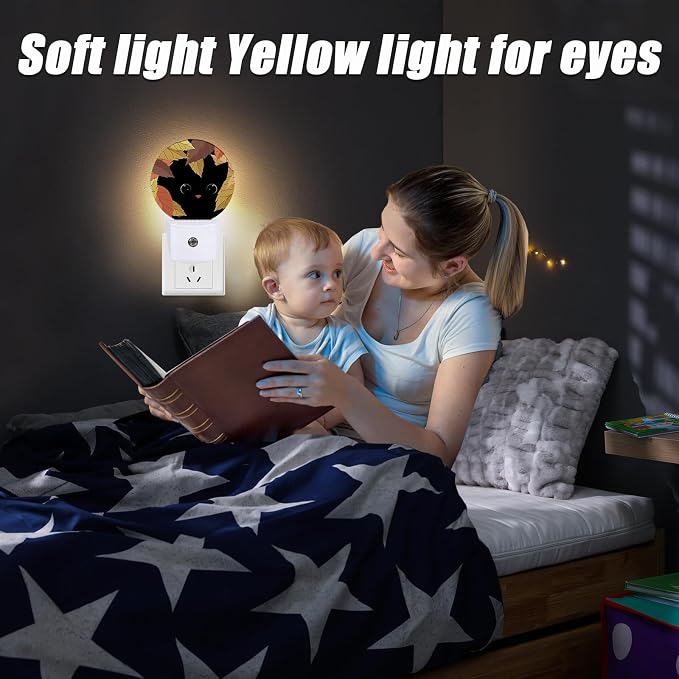 Maple Leaf Black Cat Night Light, Autumn Nightlight Plug into Wall LED Lamp Auto Sensor Dusk to Dawn for Bedrooms/Kitchens/Toilets/Corridors,Energy-Saving