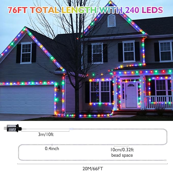 66ft LED Rope Lights Outdoor, 240 LED Connectable and Flexible Tube Lights with 8 Modes, Waterproof LED Rope Lighting for Garden, Patio, Pool, Bedroom, Party, Indoor Outdoor Decoration (Multicolor)