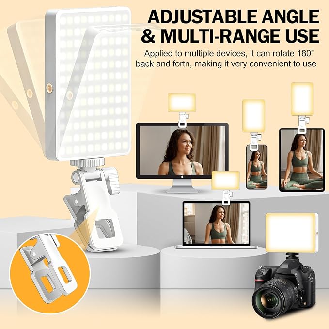 120 LED Selfie Light for iPhone, Portable Phone Light with Clip & Camera Tripod Adapter - 5000mAh Rechargeable, 3 Lighting Modes, CRI 97+ for Video Recording, TikTok, Tripod Mount Rings