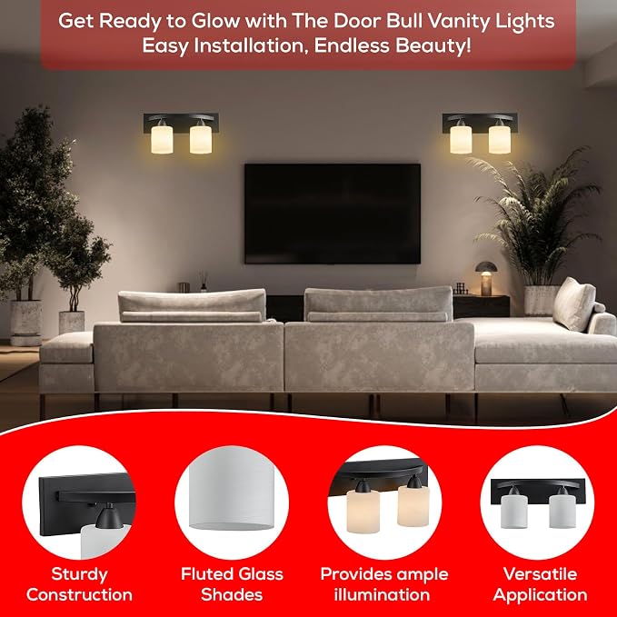 Hollywood Style Modern Wall Mount Lighting, Bathroom Vanity Light Bar, Interior Fixtures with Modern Glass Shade, Lights Over the Mirror (Matte Black, 2-Lights)
