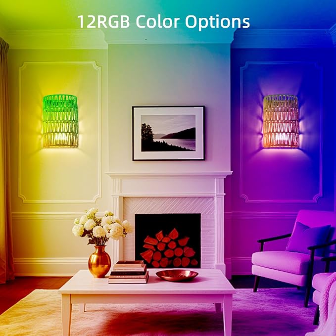Battery Operated Rattan Wall Sconces Set of Two, Cordless RGB | Handwoven boho wicker set of 2, 100% wireless battery operated, 15 RGB colors with remote, renter friendly multi-scene light
